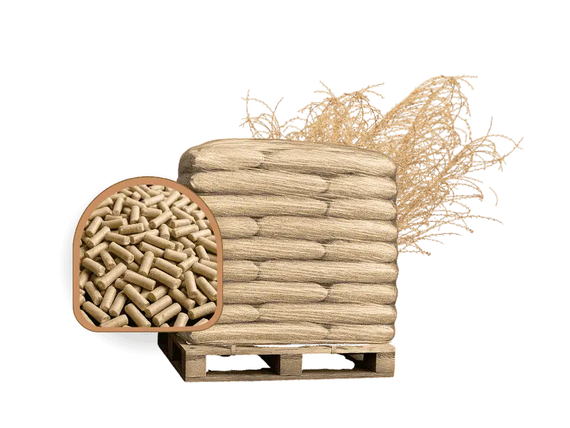 Miscanthus-Mix Einstreu: Eine Palette Häcksel 360 Kg und eine Palette Pellets 675 Kg zusammen | Einstreu.pro Miscanthus Pellets Einstreu 675 kg