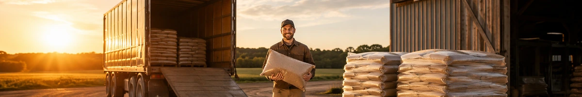 LKW liefert Einstreu in Großmengen als Sackware auf Palette an einen landwirtschaftlichen Betrieb
