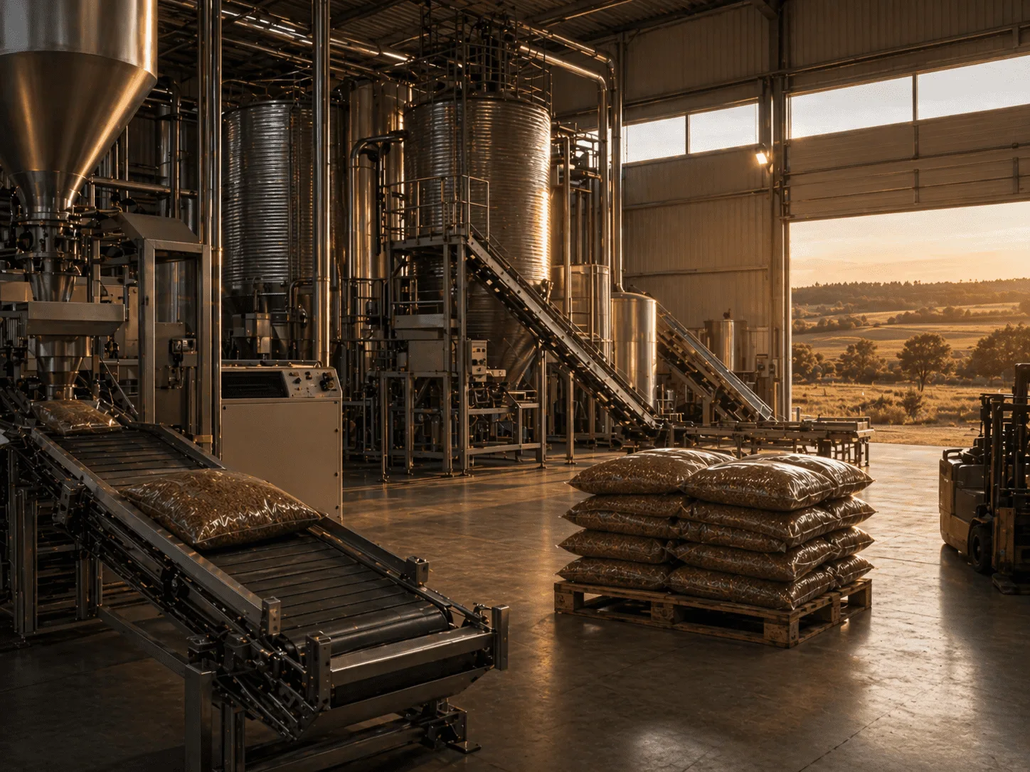 Produktionshalle mit Förderband und Einstreu-Pellets auf Paletten – Hersteller vertreiben über einstreu.pro