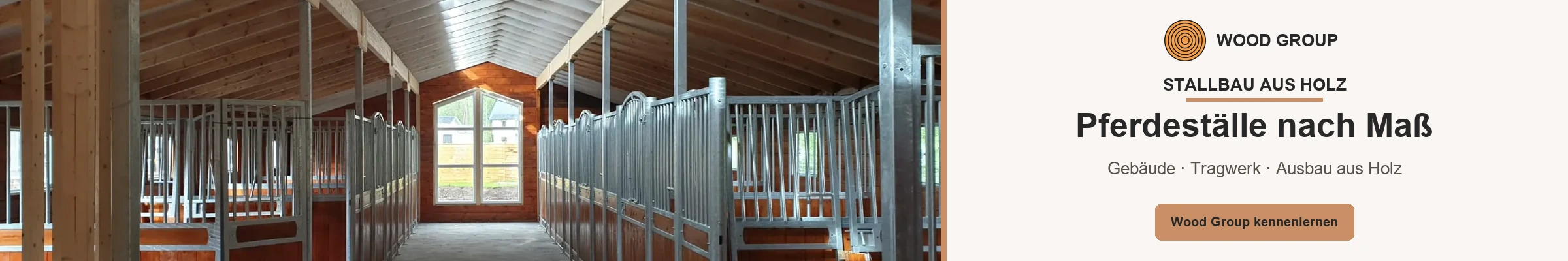 Wood Group – individuelle Pferdeställe, Stallgebäude, Tragwerk und Ausbau aus Holz
